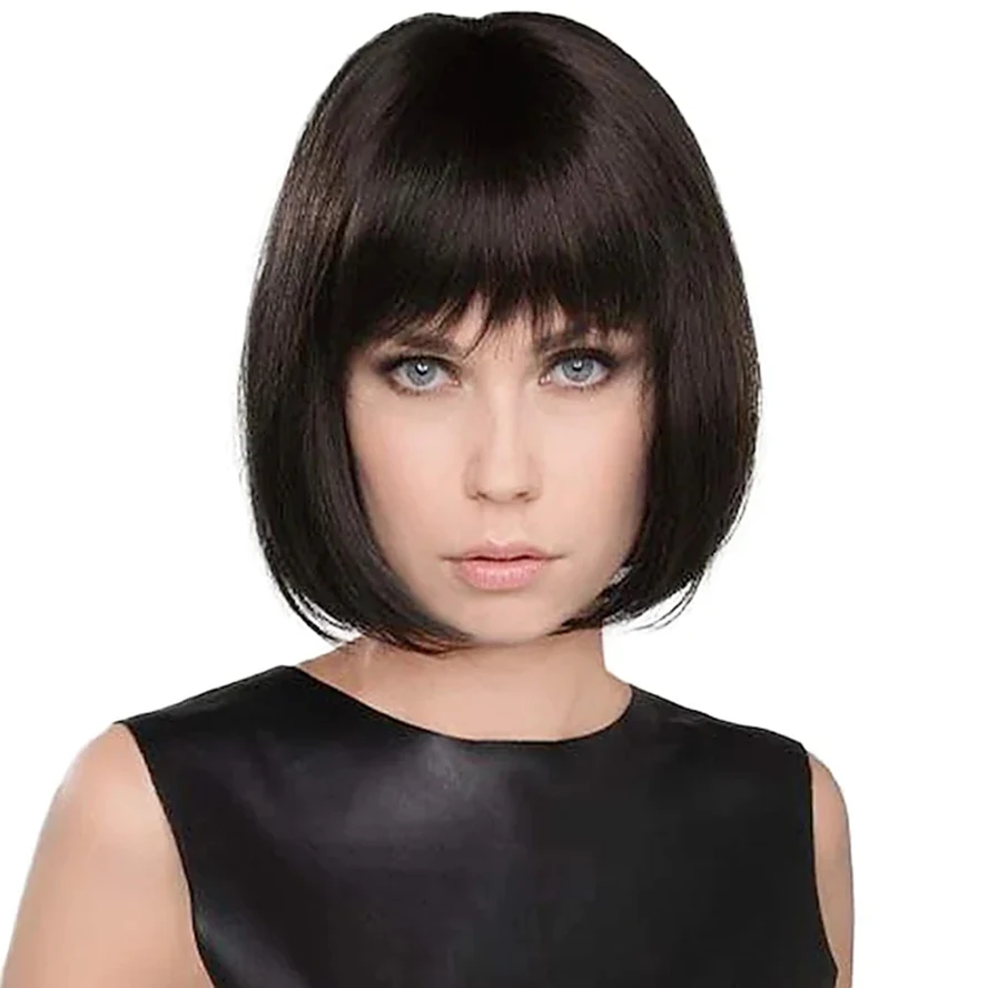 Human Hair Blend Wig Medium Length Natural Straight Bob wig for women With Bangs 12 inches
