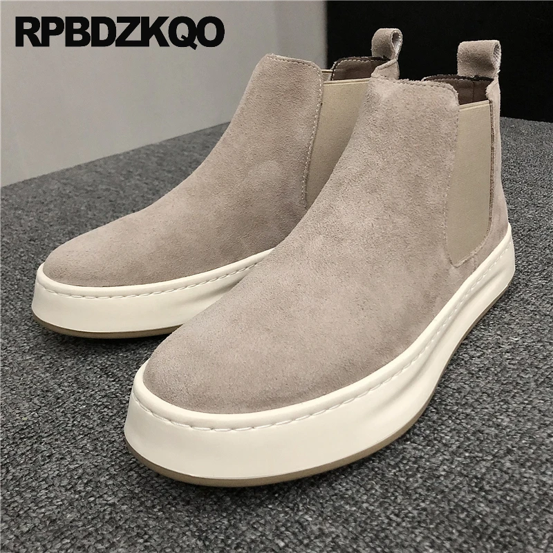 

Men Round Toe Shoes Fur Lined High Sole Flatforms Plain Nubuck Slip On Thick Boots Muffin Flats Creepers Booties Solid Skate