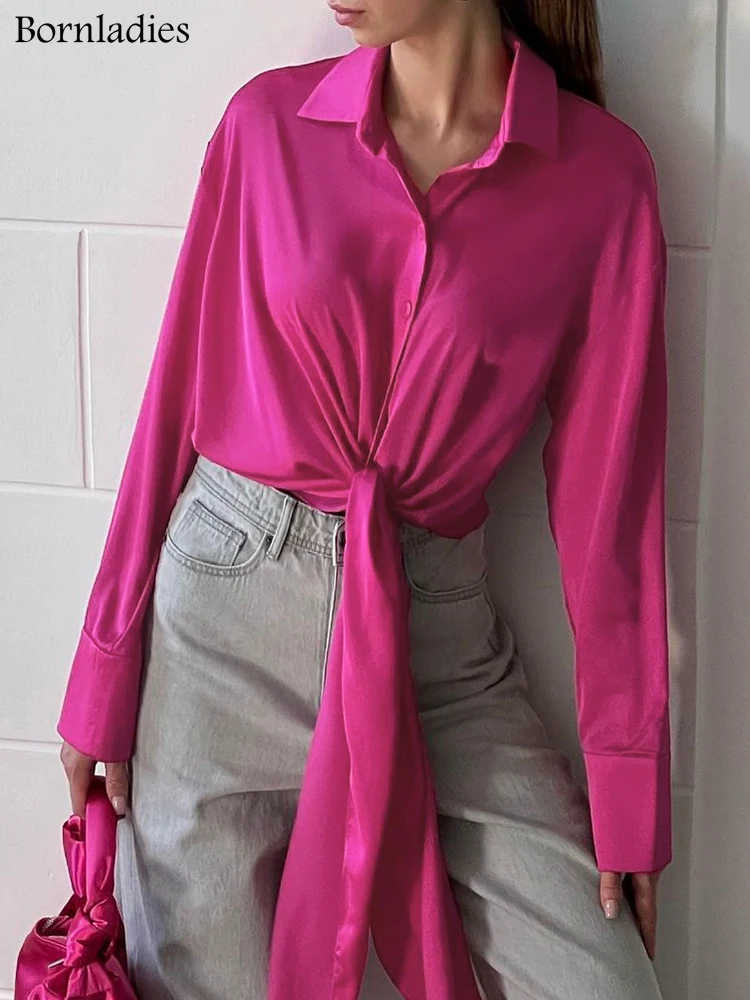 

Bornladies Satin Summer Thin Women Blouses Lapel Long Lace Up All-Match Elegant Shirt Femme Long Sleeve Silky Office Top Trendy