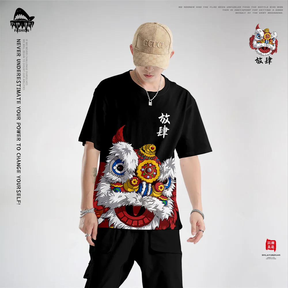 Japanese Anime Printed Streetwear T Shirts 2021 Summer Chinese Style Mens Casual Breathable Short Sleeve Tops Tees Male Tshirts