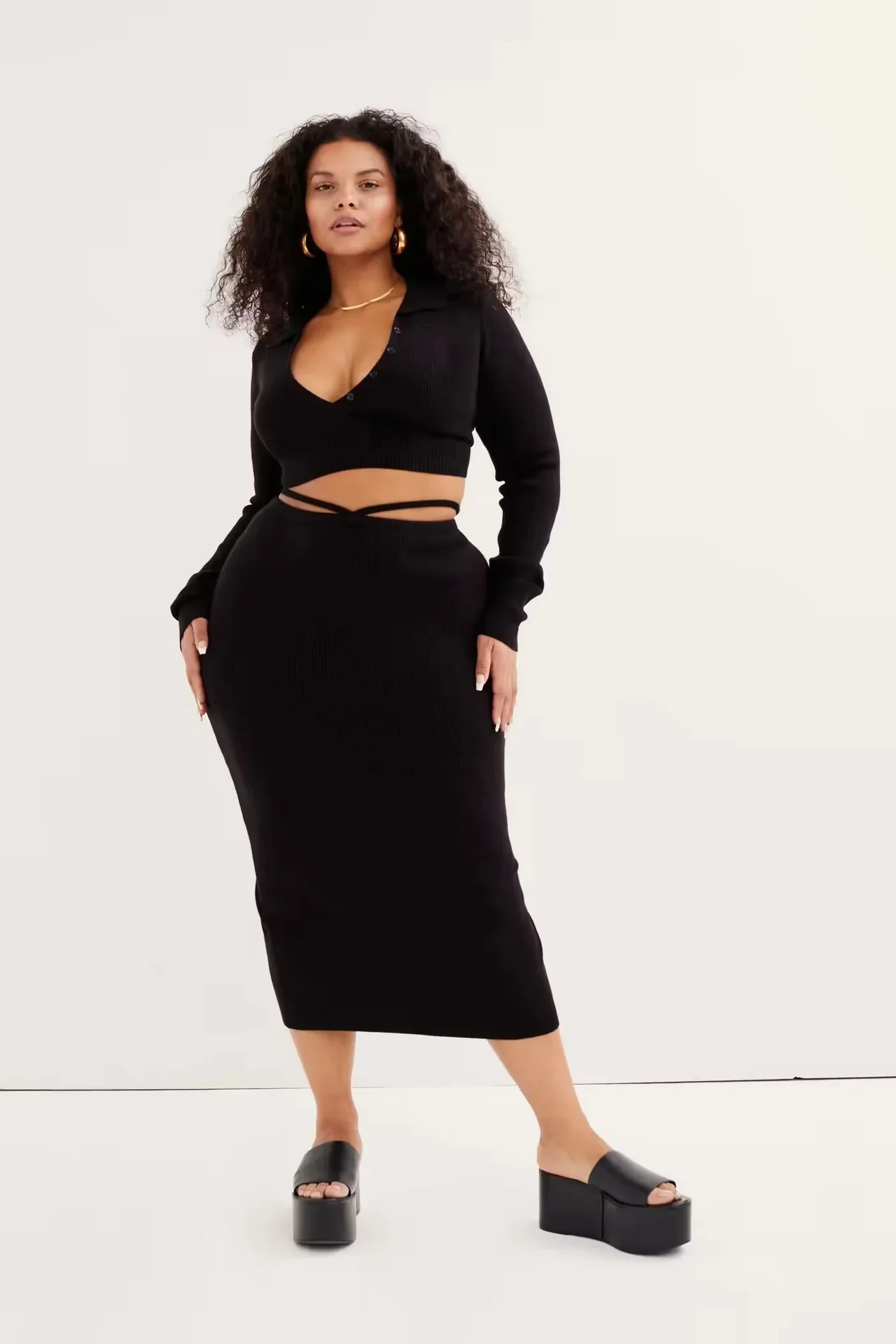 

Autumn V-Neck Open Umbilical Knitted Sweater High Elastic Top Lace Up Waist Split Half Skirt Set Women's Clothing