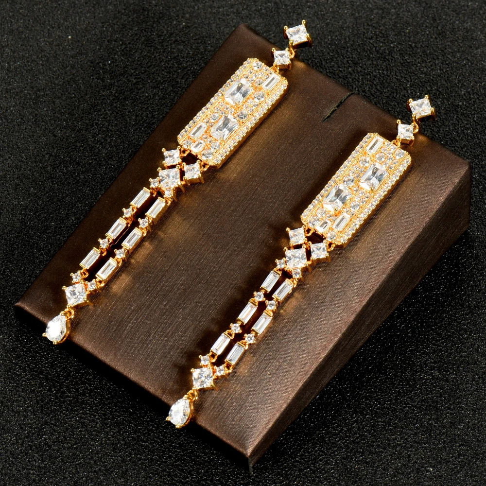 

Fashion CZ Long Dangle Drop Earrings for Women African Bridal Water Drop Design Tassel Earring aretes de mujer modernos E-994