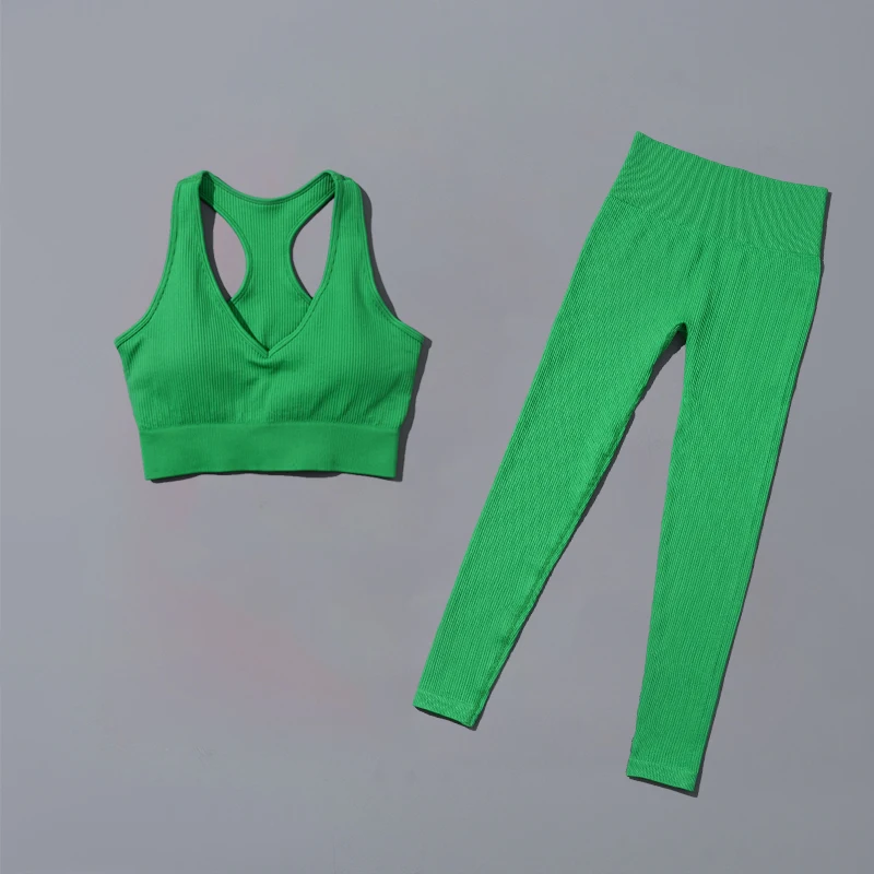 Fitness Ribbed Sports Yoga Set Women Seamless Sportswear High Waist Tracksuit Workout Two Set Pieces Crop Tops Leggings Gym Suit
