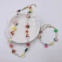 gm2 colored fruit soft pottery metal bead pearl necklace bracelet set womens summer jewelry