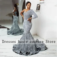 shiny velvet sequins prom dresses for black girls 2022 one shoulder long sleeve mermaid party dress gowns vestido de fiesta