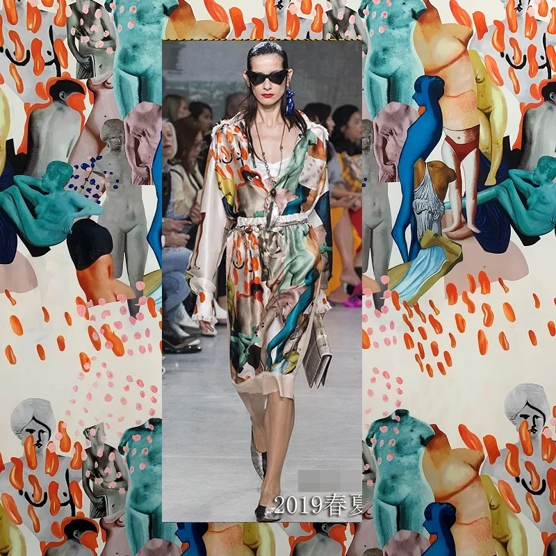 

Spring Summer Painted Digital Printing Stretch Satin Fabric Dress High Quality Clothing Design Brand Sewing Materials By Yard