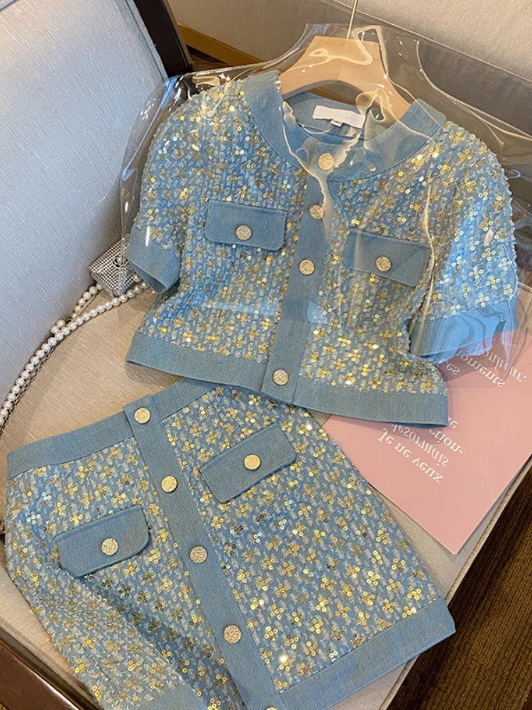 

Korobov Leisure O Neck Top Fashion Short Skirt Suit Vintage Splicing Sequins Single-breasted Coat Two Piece Sets Womens Outifits