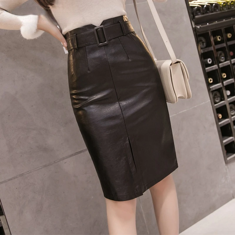 

Dinboa - Black Pu Leather Skirt, Medium Length, High Waist, Stitched Ol, Elegant, with Belt, Autumn and Winter 2022