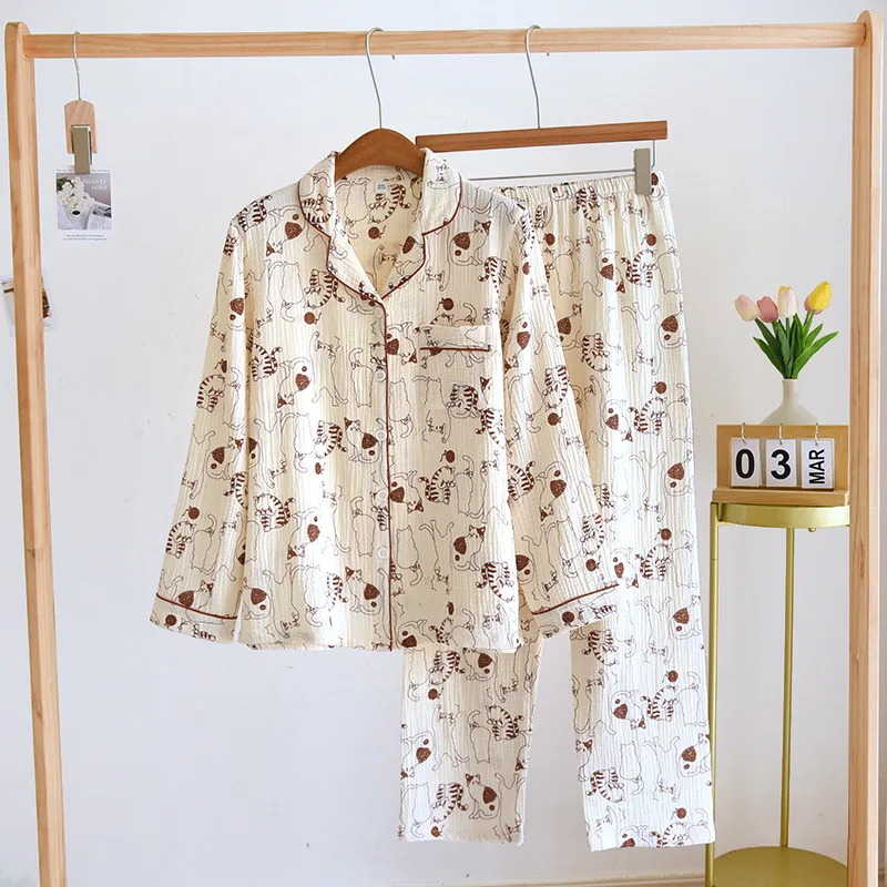 

Женская новая весенне-летняя пижама из чистого хлопка с длинными рукавами, милые тонкие комплекты счастливого кота, свободная модель