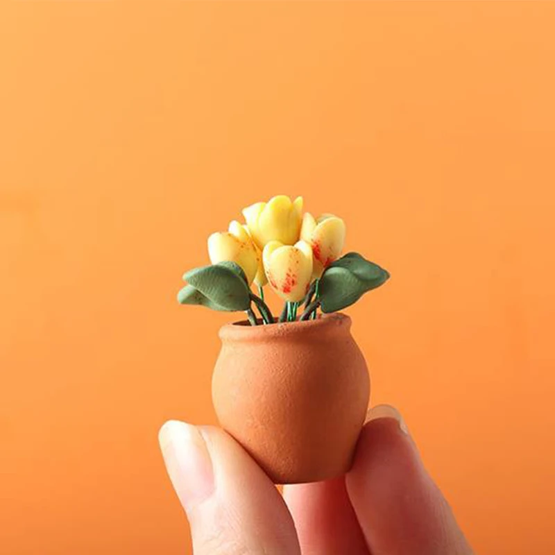 

1:12 Dollhouse Miniature Clay Yellow Rose Potted Plant Simulation Flower Model DIY Scene Garden Balcony Decoration Accessories