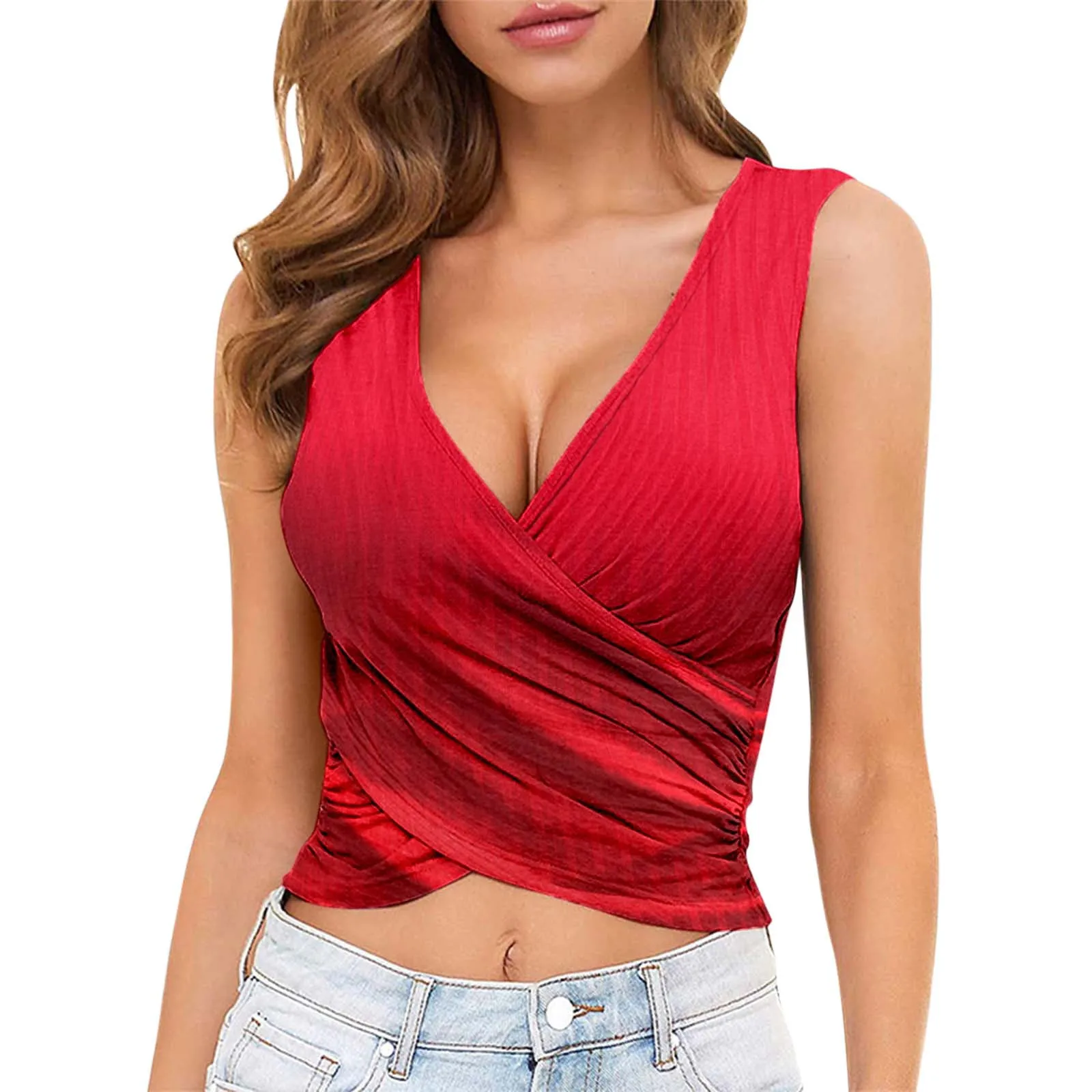 

Shirts for Women Top Womens Temperament Sexy Cross Slim Pleated Solid Color Vest Short Top Christmas Workout Top Women