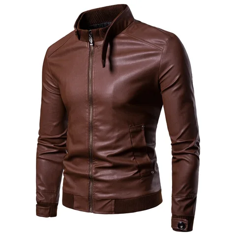 Мужская куртка из искусственной кожи, приталенная куртка с воротником-стойкой, весна-осень 2024