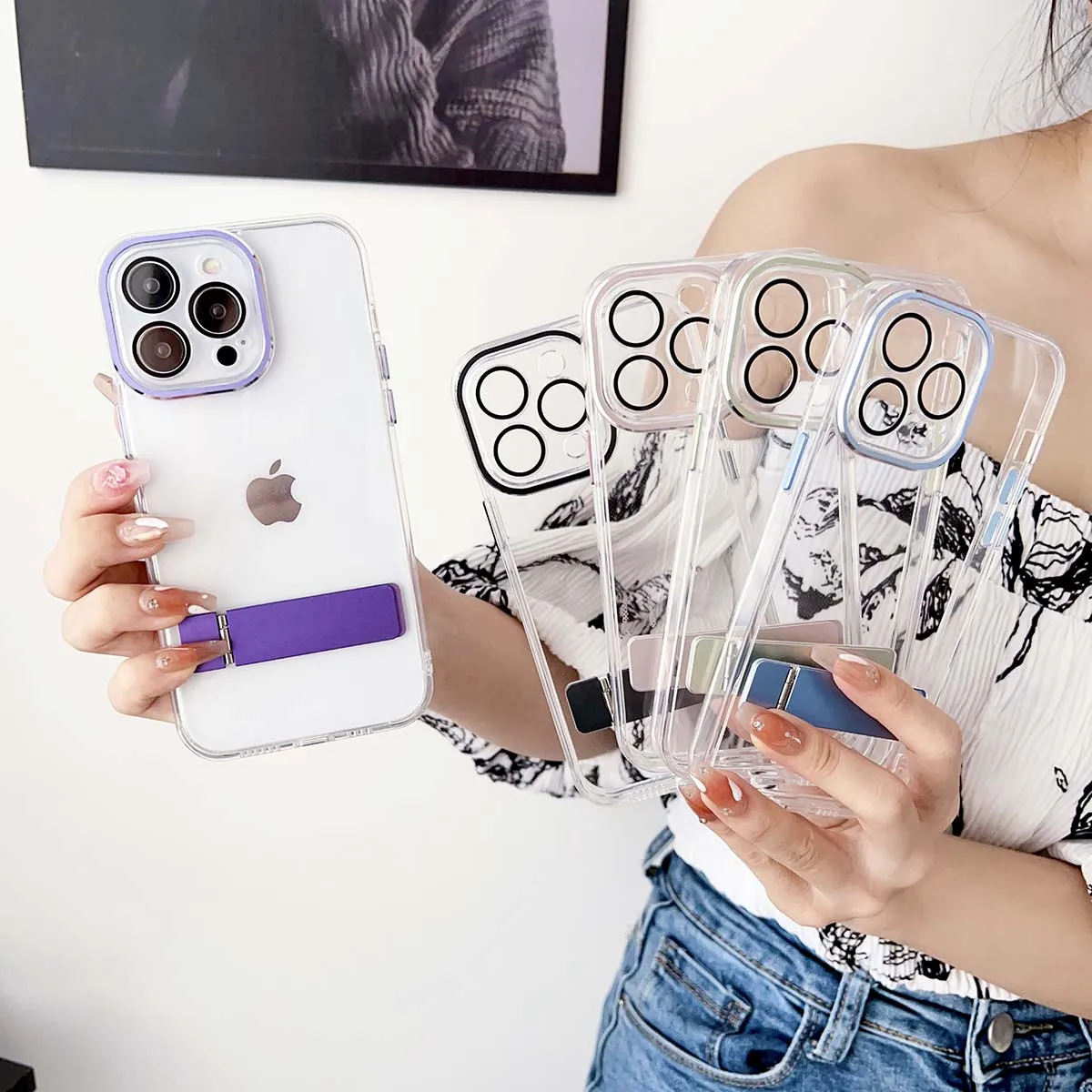 

Ultra thin Transparent Covers For iPhone 14 13 12 11 Pro Max 7 8 Plus Bumper Self-contained Lens Film Folding Holder Phone Case