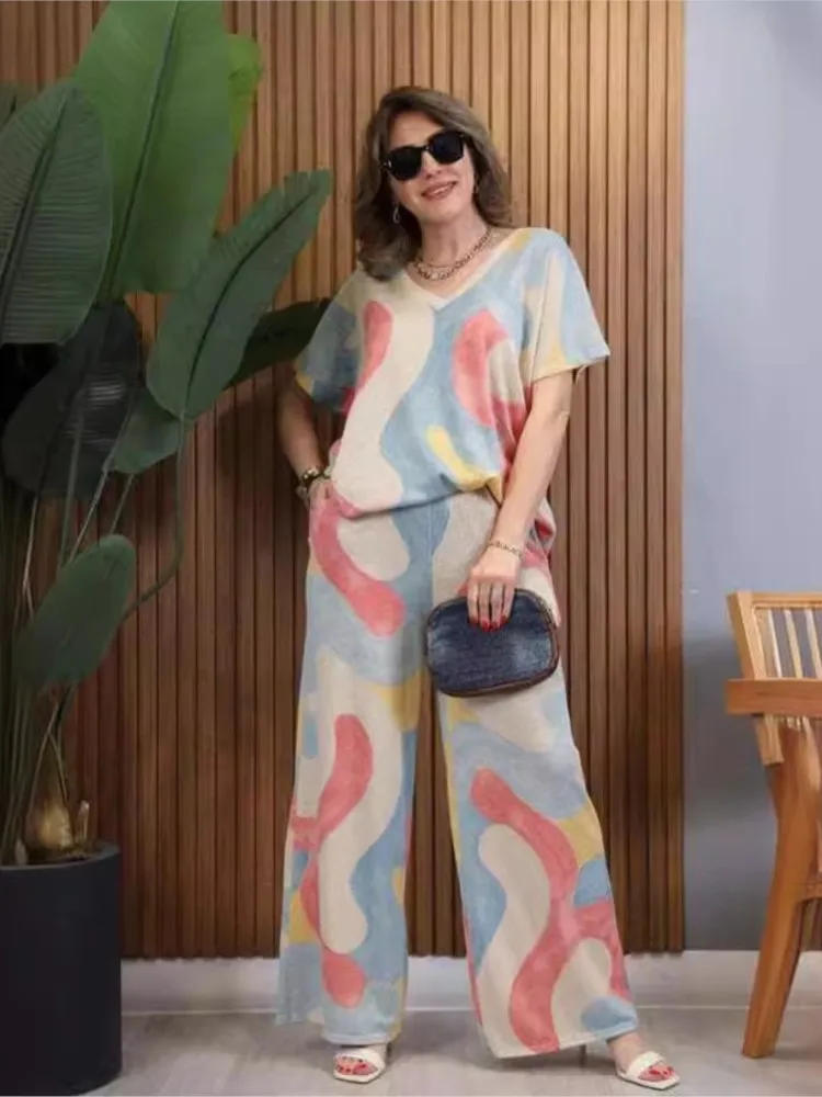 Женский комплект из 2 предметов свободные длинные брюки с принтом модная