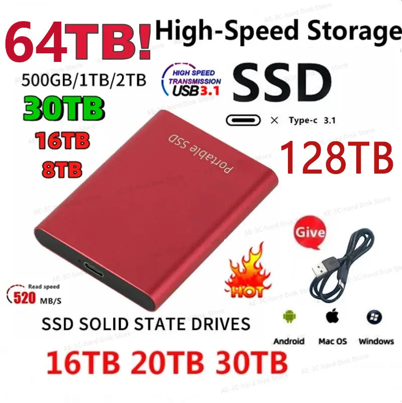 

128TB Portable SSD HDD 64TB 500GB External Hard Drive 2TB 4TB Solid State Drives 500GB Hard Disk USB 3.1 4TB SSD For Laptop PS4