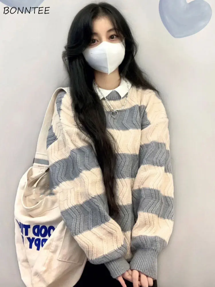 

Basic Striped Pullovers Women New Winter Gentle Cozy Vintage Loose Students Streetwear Mori Girl Gentle Simple Sweaters Chic Ins