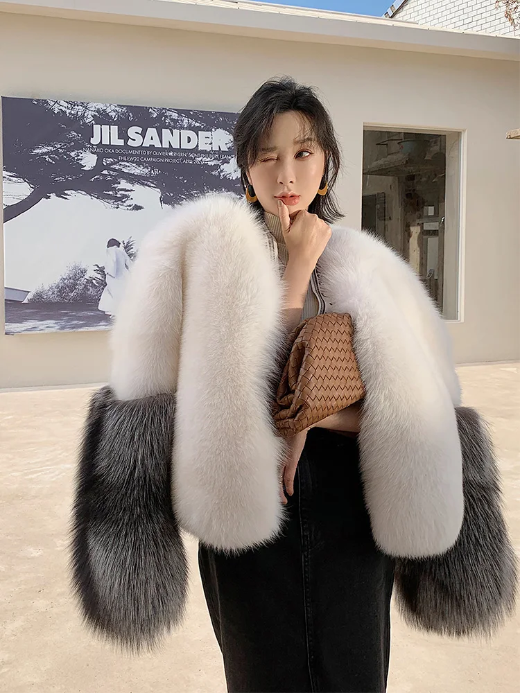 2022 New Winter Natural Real Fox Fur Coat Women Whole Skin Genuine Leather Fur Jacket With Silver Fox Fur Sleeve Coat for Female