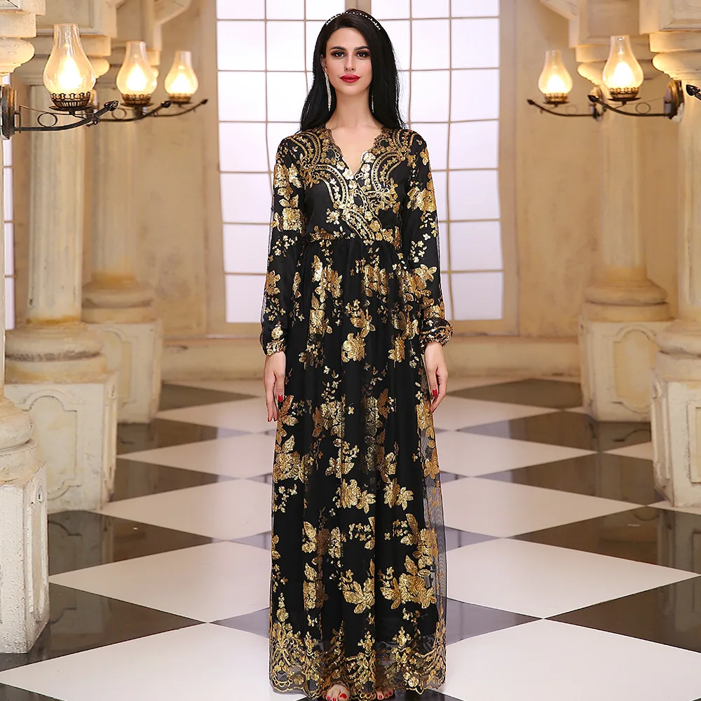 

Dress Temperament Black Gold Sequin Embroidery Southeast Asia Middle East Dubai Double Dress Party Banquet Dress 2022 New