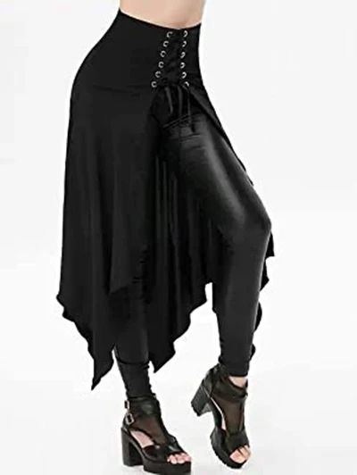 

Gothic Lace Up Open Front Skirt For Women Plain Color Midi Irregular Handkerchief High Slit Halloween Asymmetric Under Dress