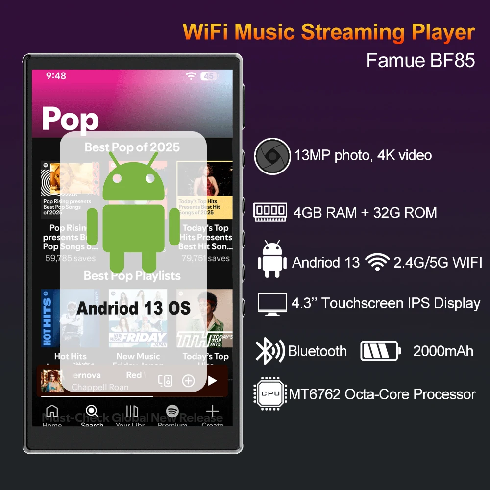 MP3-плеер Famue BF85 с Wi-Fi, 4,3-дюймовым экраном, Android 13, встроенным Play Store, 4 ГБ оперативной памяти, поддержкой Spotify, Deezer и Amazon Music. (art.: 3920d7df89a48) - 3920d7df89a48