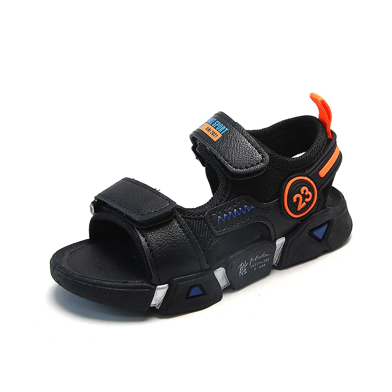 

Baby Boys Cool Solid Black Versatile Sandals 2022 Summer Kids Fashion PU Beach Shoes Hook & Loop Sports Shoes Flat Non-slip