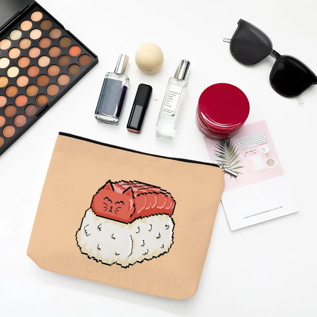 

Neko No Nigiri Linen Women Cosmetic Bag Sushi Food Makeup Pouch Lady Tote Purse Travel Organizer Case