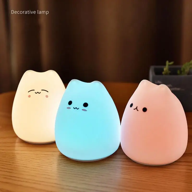 Cartoon Cute Cat Lamp Little Silicone Colorful Color Changing Children's Bedroom Living Room Atmosphere Night Light Book Lights
