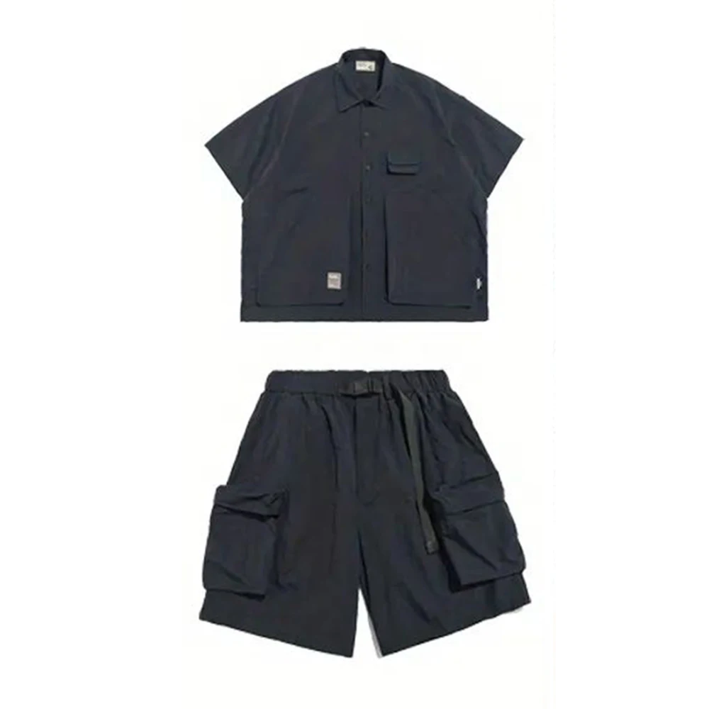 Hip-hop  Japanese Bboy Skateboard Clothing Loose Mountaineering Outdoor Multi-pocket Overalls Short-sleeved Pants Two-piece Set