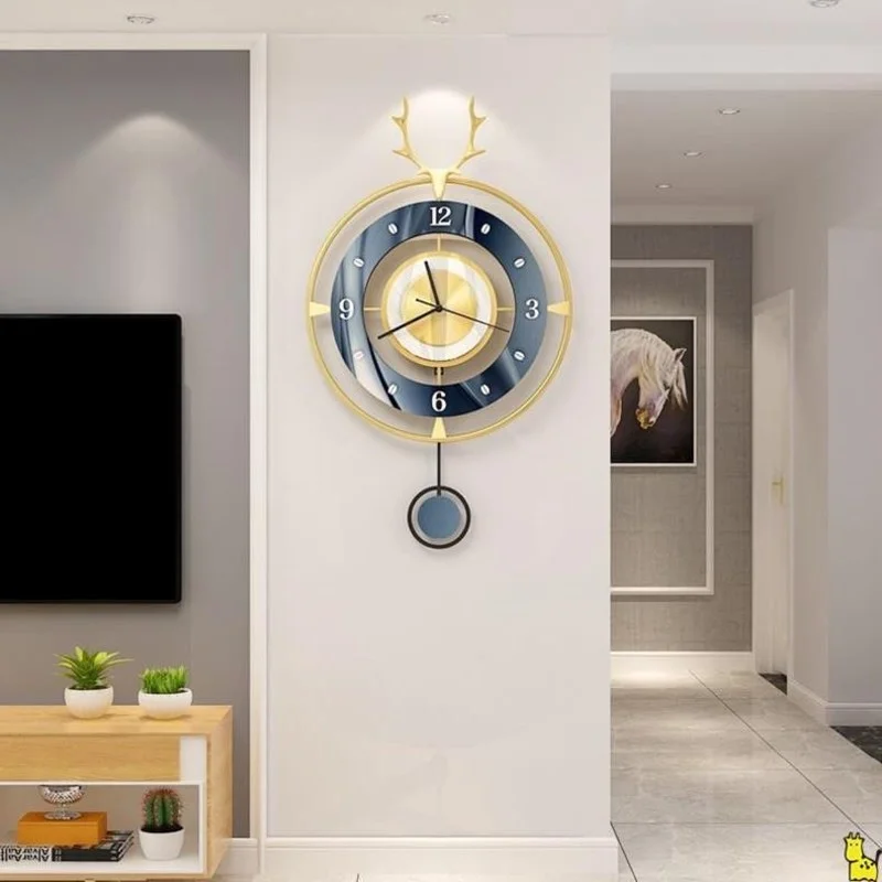 

Metal Deer Head Wall Clock with Lights Nordic Light Luxury Round Large Pendulum Wall Clocks Quartz Silent Hanging Watch Fashion