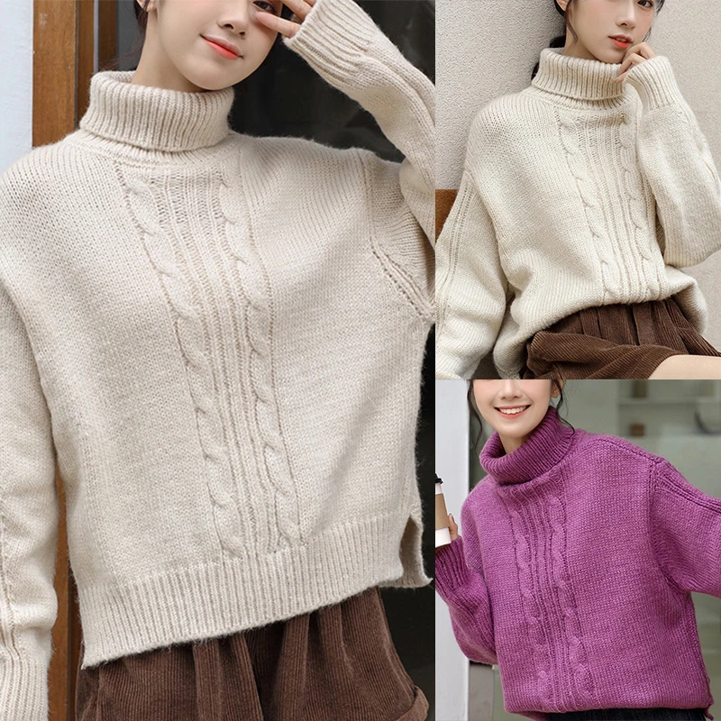 

Hot Kf-Women's Fashion Loose Thicken High Neck Knitted Pullover Sweater Women's Long Sleeve Top One Size