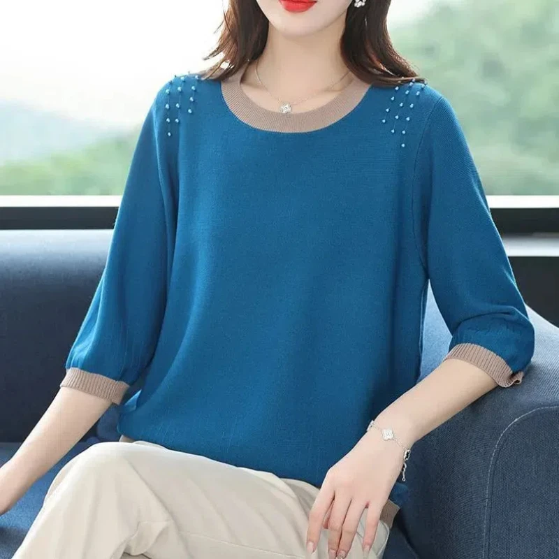 Простые офисные женские весенние пуловеры с круглым вырезом контрастной
