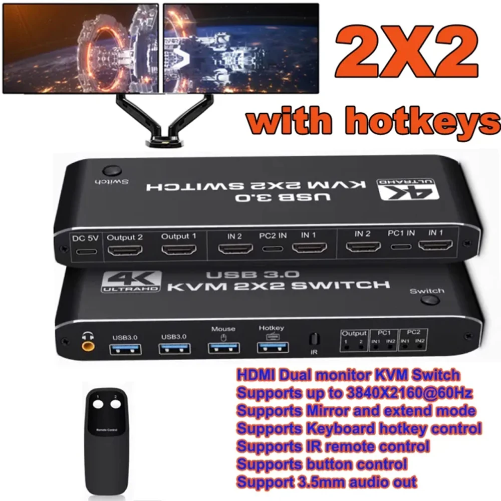 2x2 HDMI kvm коммутатор 4K 60 Гц двойной монитор