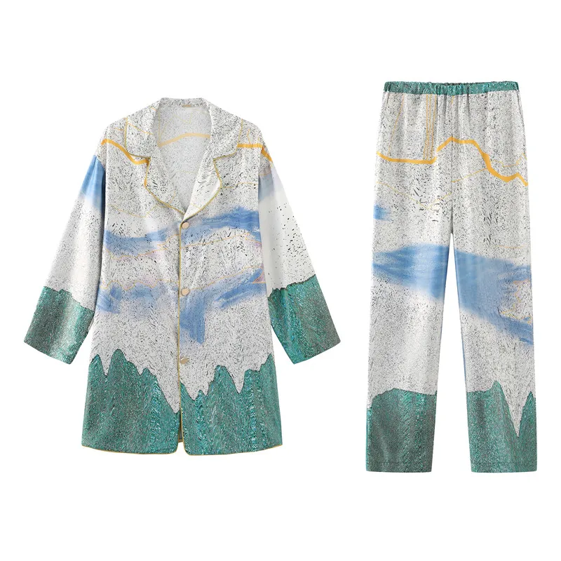 Satin Loose Sleepwear for Female Luxurious Women's Pyjama Set Silk Long Sleeve Spring Autumn Ladies Pajama Set 2 Pcs with Pants