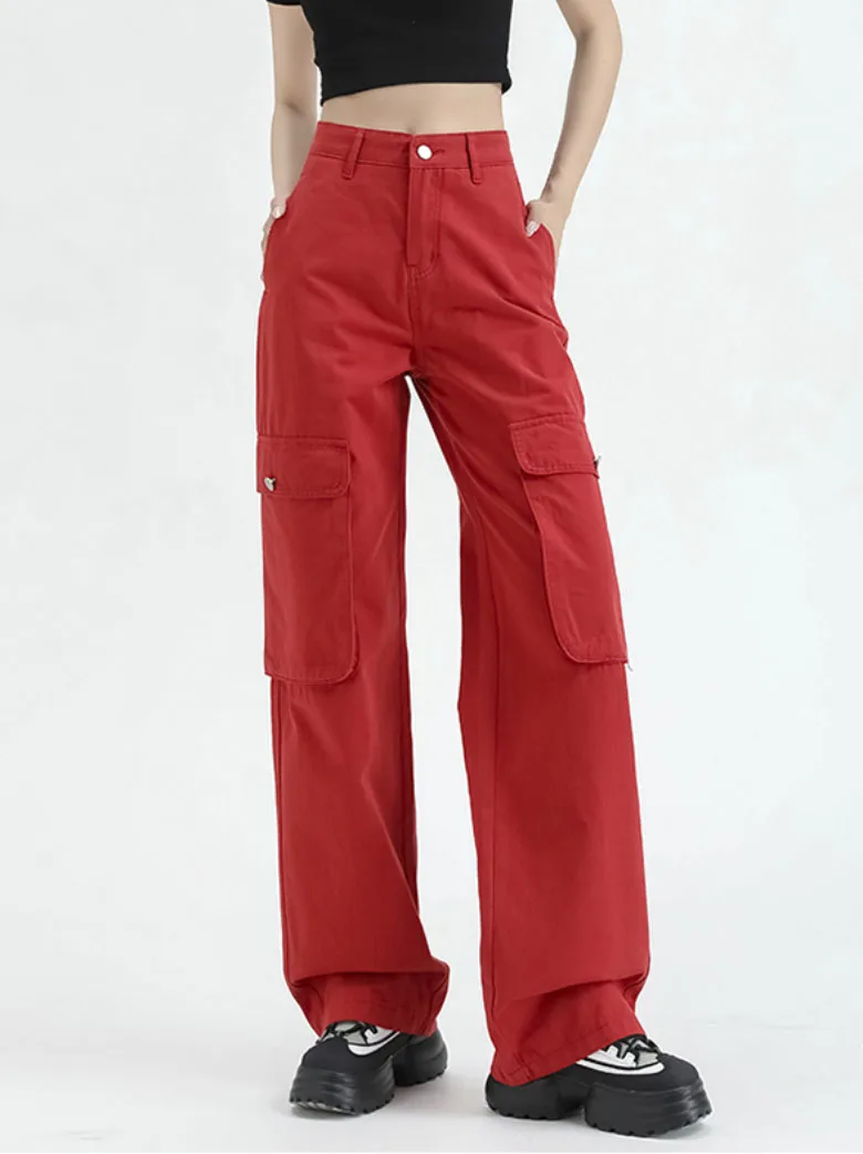 Y2K Pink Cargo Pants Women Vintage Streetwear Oversize Flap Pocket Wide Leg Pants Harajuku Trousers