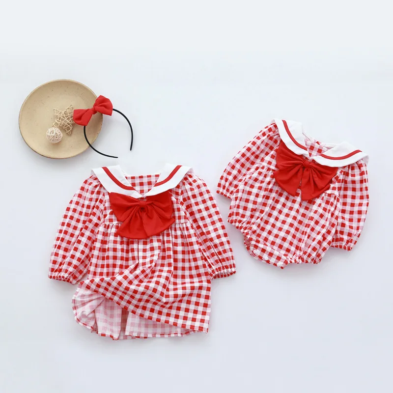 

Spring Kids Baby Girl Long Sleeves Grid Sister Dress Rompers Autumn Infant Baby Girl Bowknot Newborn Dress Rompers Clothes