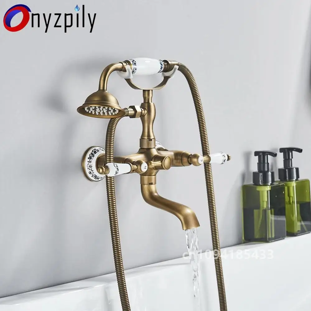 Onyzpily Смеситель для душа ванны Античный ORB Золотой стиль телефона Спрей Настенный