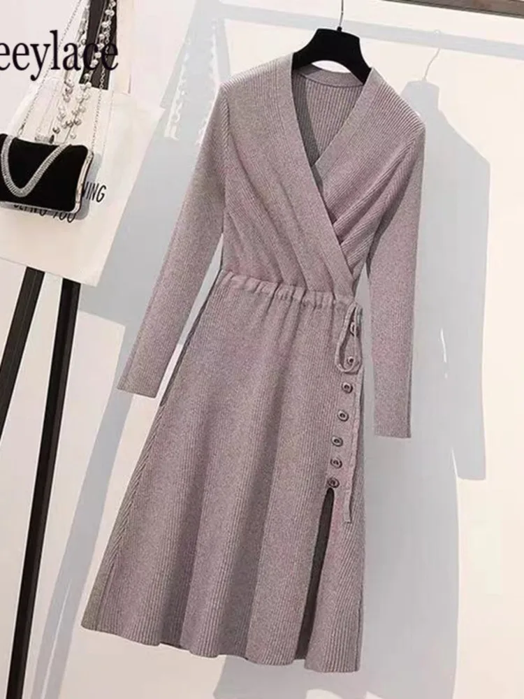 

Fall Winter Warm Knitted Sweater Dresses Office Ladies Elegant Deep V Neck Long Sleeve High Waist Drawstring Knitting Vestidos