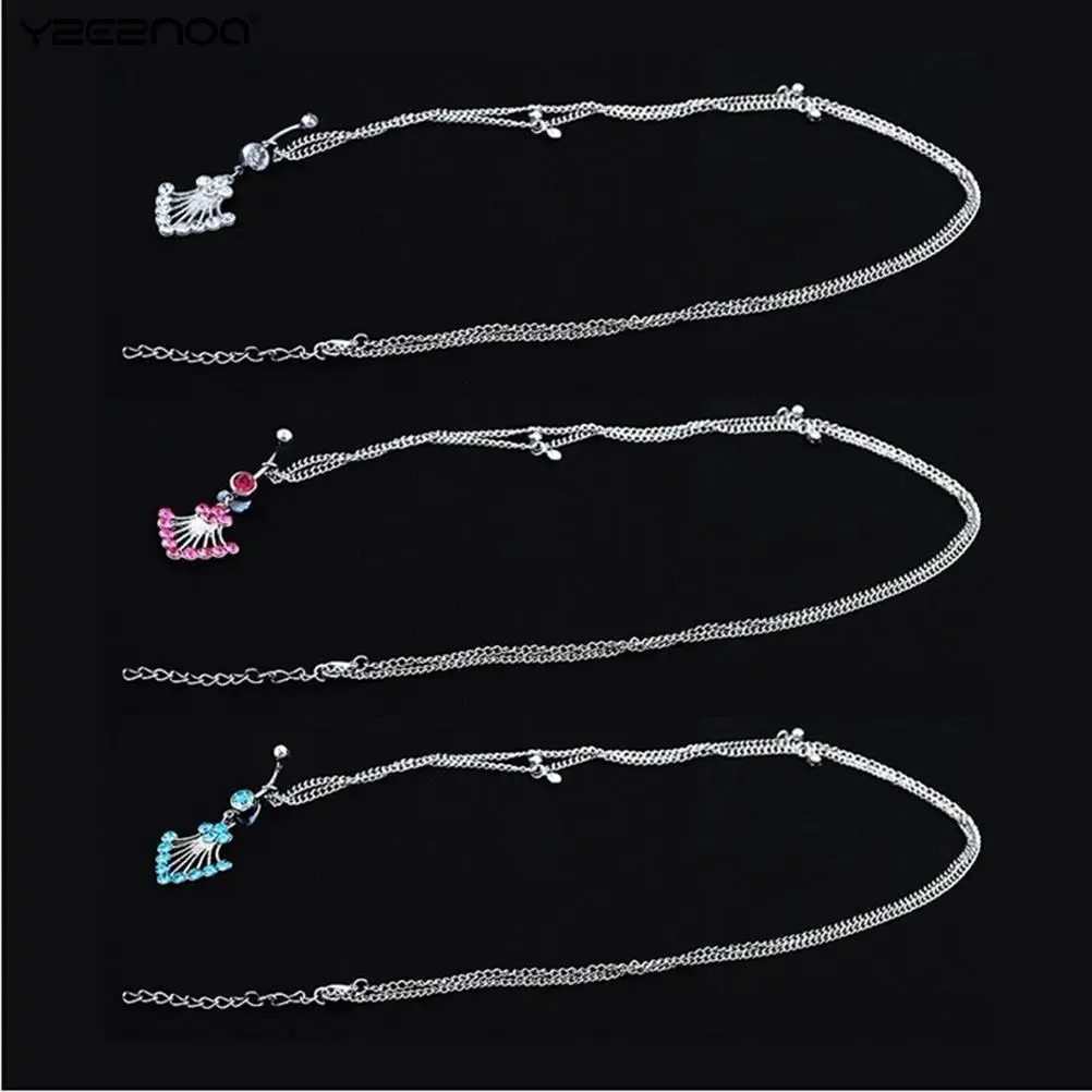 

3Colors Stainless Steel Pendant Piercing Belly Barbell Navel Ring With Waist Chain New Dainty Rhinestone Crystal Bar Waist Chain