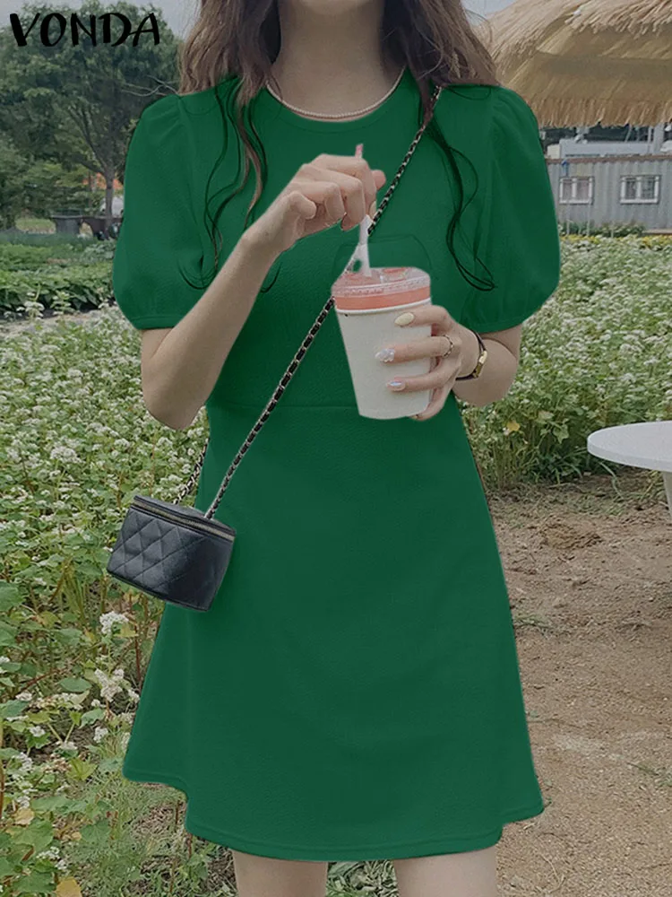 

Women Bohemian Puff Sleeves Dress VONDA 2022 Sexy Lapel Neck Short Sleeve Sundress Solid Party Short Dress Casual Vestido Baggy