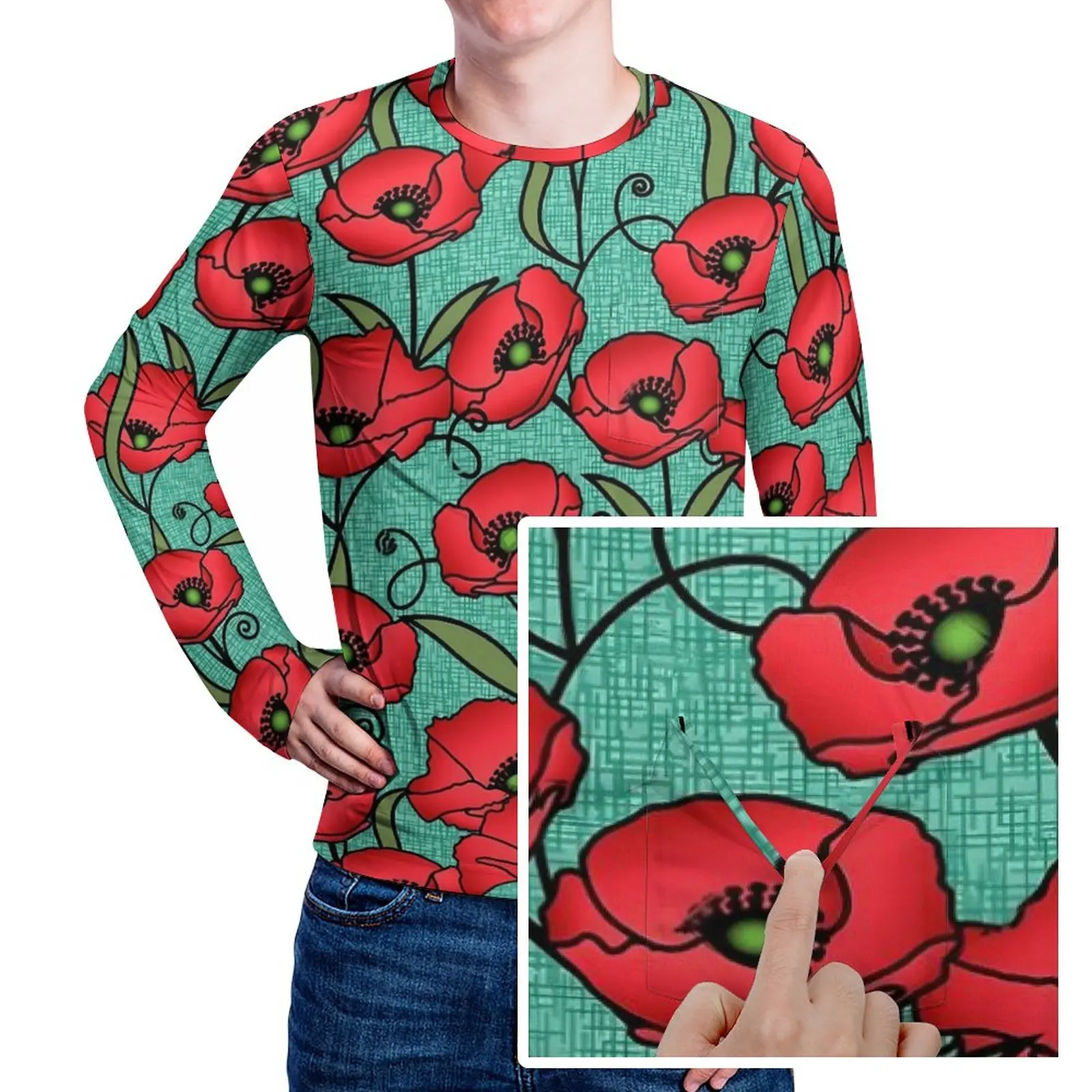 

Aqua Poppy Floral T-Shirt Red Flower Print Fashion T-Shirts With Pocket Long Sleeve Printed Tops Daily Casual Oversized Clothes