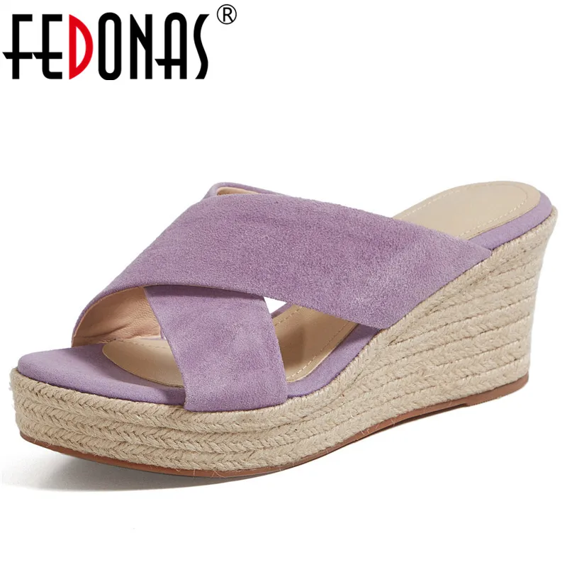 

FEDONAS Summer Women Sandals Platforms Wedges Heels Slippers Kid Suede Leather Hollow Peep Toe Pumps Casual Party Shoes Woman
