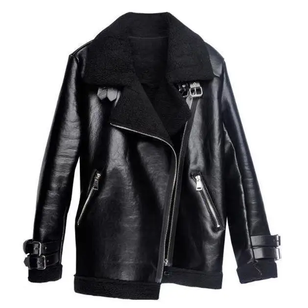 2022 autumn winter Korean fashion thickened lamb fur integrated motorcycle leather pu leather cotton coat coat female clothes