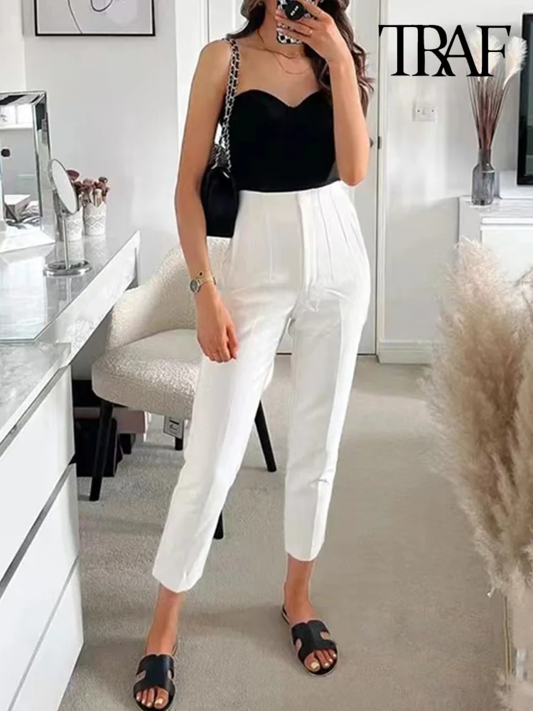   TRAF Women Fashion With Pockets Casual Basic Solid Pants Vintage High Waist Zipper Fly Female Ankle Trousers Pantalones Mujer 