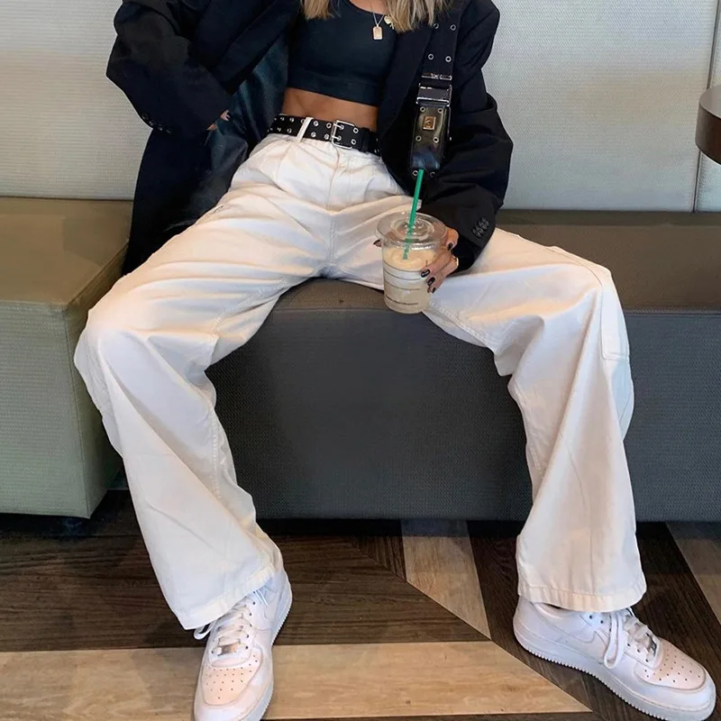 

New 2021 Autumn and Winter Women's Casual Fashion Pockets Solid Color Denim Loose Straight Leg Pants Ladies Simple Trousers