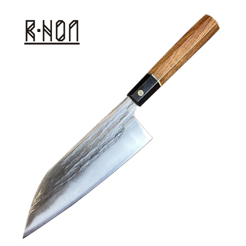 Фото RHON японский кухонный нож с двойной кромкой, деревянная ручка, 7 дюймов, кованый молоток, Yanagiba, лосось, сашими, ножи для нарезки рыбы Deba №2