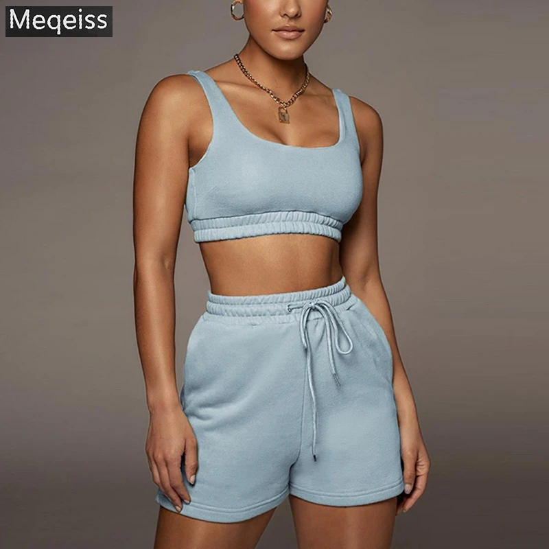 

Meqeiss Casual Solid Sportswear 2 Two Piece Sets Women 2021 Crop Top Drawstring Shorts Matching Suits Summer Athleisure Outfits