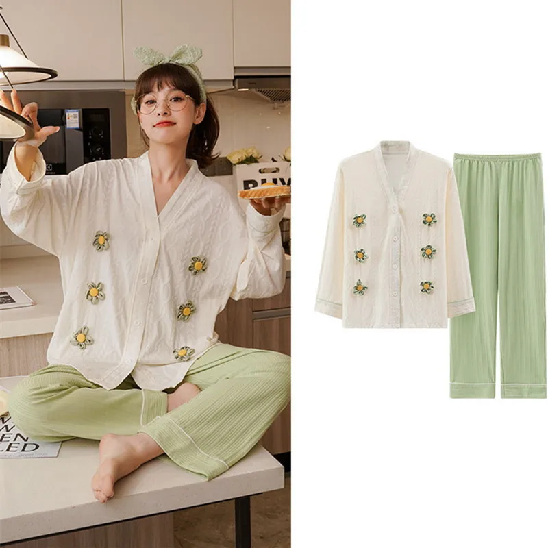 Women's Pajama Spring Autumn Long Sleeve Cardigan Trousers Set Simple Ladies Two-Piece Suit Plus Size Nightwear Home Clothes
