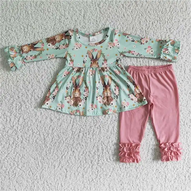 

Easter Clothes Cute Little Girls Flowers Rabbits Pink Ruffle Pants Tunic Tops Spring Kids Long Sleeve Outfit Boutique Wholesale