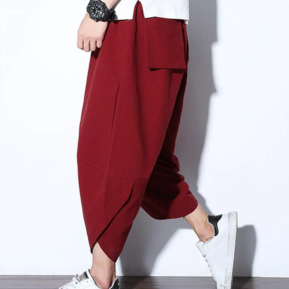 

Plus Size Men Solid Color Capri Pants Drawstring Oversize Samurai Trousers