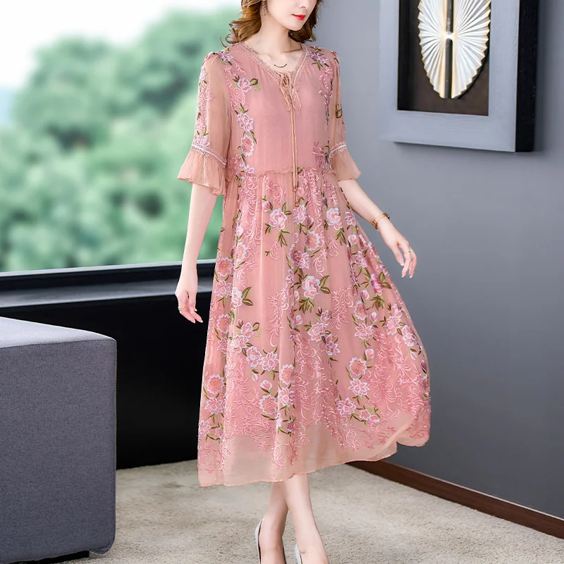 

Plus Fashion Size Embroidered Silk Dress Women 2023 Summer Loose Tight Short Sleeve Over Knee Long Skirt Casual Party Vestidos